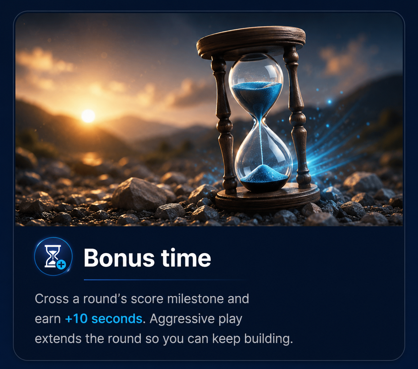 Custom artwork of a blue-sand hourglass at sunset with sparkles of magical time flowing out, representing the bonus time mechanic