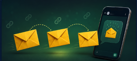 Custom artwork of yellow envelopes flying toward a phone showing a Letterain raindrop message, representing friend challenges via text