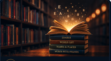Custom artwork of an open book in a library with glowing letters floating upward, resting on a stack of dictionary spines labeled ENABLE, WORD LIST, NAMES & PLACES, and WORDS WITH FRIENDS — representing the 195,000-word vocabulary