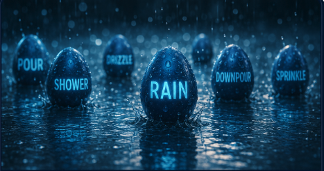 Custom artwork of dark eggs sitting in rippling water at night, the center egg glowing with the word RAIN, surrounded by other eggs labeled POUR, SHOWER, DRIZZLE, DOWNPOUR, and SPRINKLE — representing the hidden bonus words