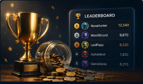 Custom artwork of a gold trophy beside a digital leaderboard showing top players and their high scores, with gold coins spilling out of a jar