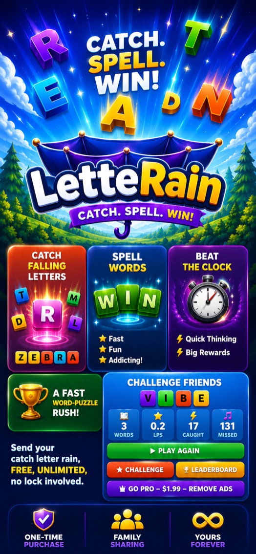 Letterain — catch falling letters, spell words, beat the clock, and challenge friends. A fast word-puzzle rush with a one-time purchase and family sharing.