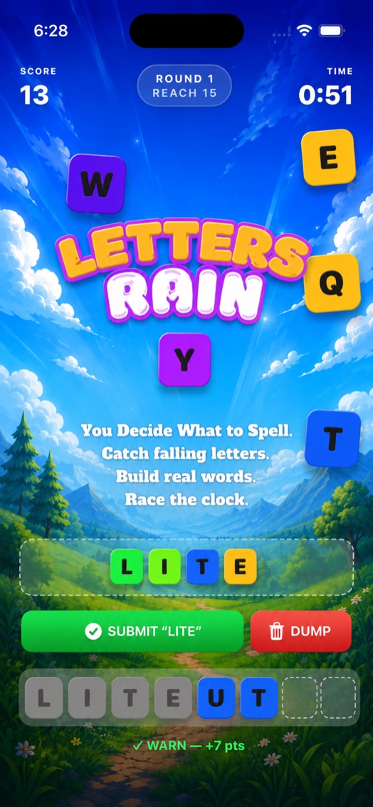 Letterain gameplay — catch falling letters and build the word LITE