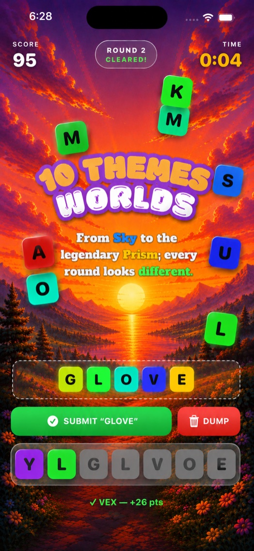 Letterain themed rounds — 10 worlds from Sky to Prism