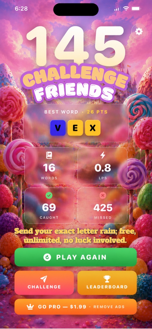 Letterain results screen — stats, best word, and challenge a friend